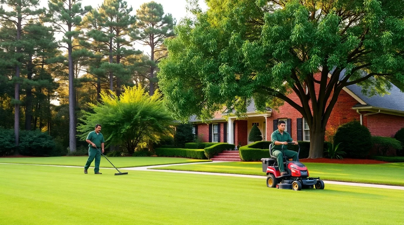 Bright Georgia lawn with a landscaping crew and brick home